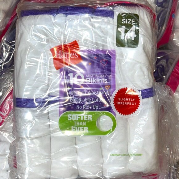 Hanes Girls’ Tagless Briefs – LOT 44 - 240 pcs – 24 packs (10 ea) – Sz 14 - NEW - Picture 1 of 3